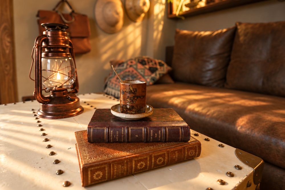 Lanterne, livres anciens et café